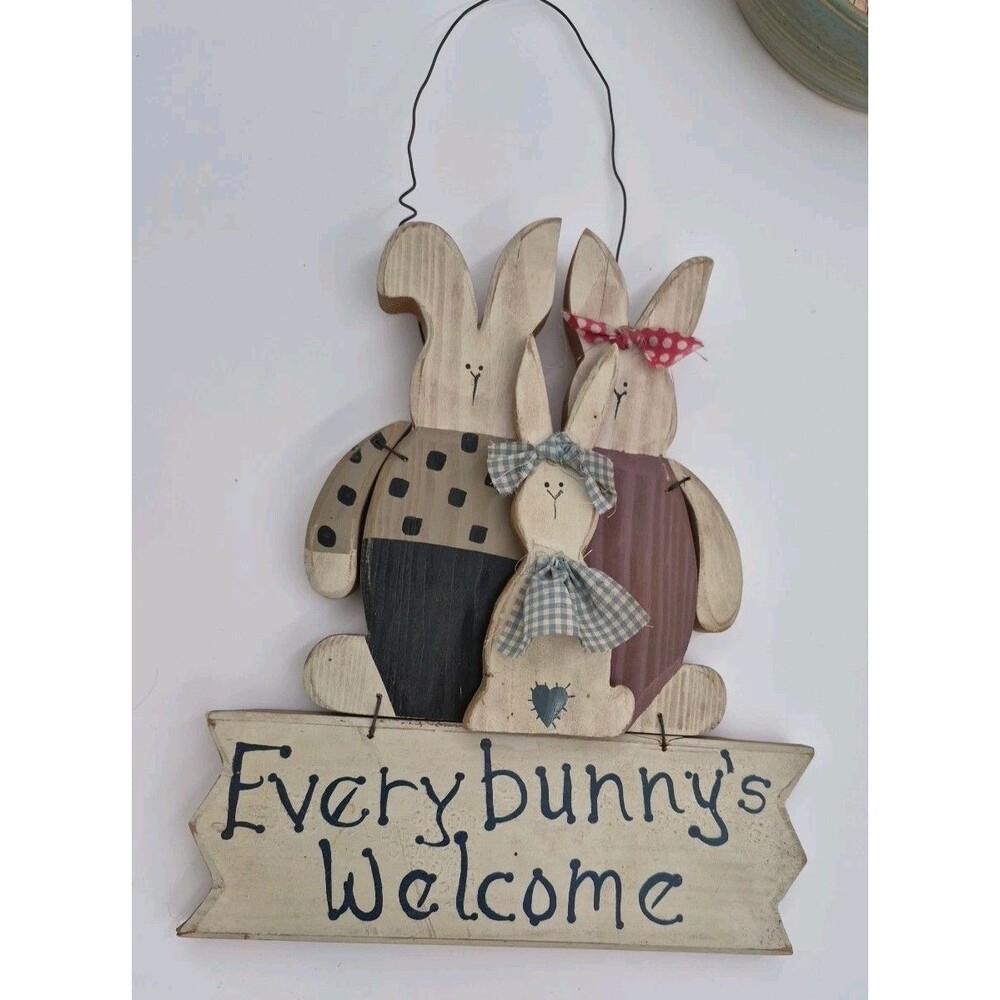 Vintage Rabbit Bunny Easter Spring "Every Bunny's Welcome" Wooden Door Sign